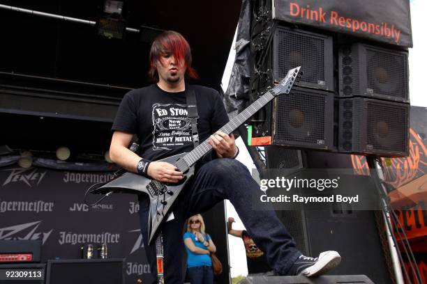 Guitar player Matt Szlachta of Dirge Within performs at the First Midwest Bank Amphitheatre in Tinley Park, Illinois on JULY 26, 2009.