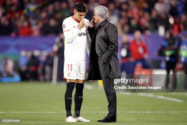 Joaquin Correa of Sevilla FC, coach Jose Mourinho of Manchester United during the UEFA Champions League match between Sevilla v Manchester United at...