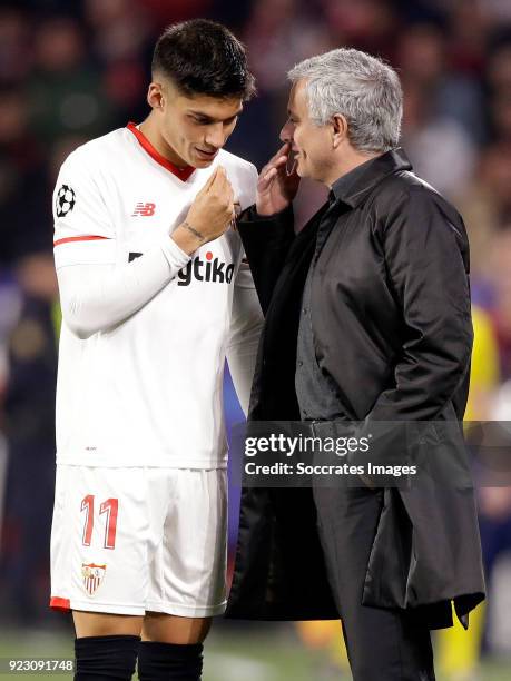 Joaquin Correa of Sevilla FC, coach Jose Mourinho of Manchester United during the UEFA Champions League match between Sevilla v Manchester United at...