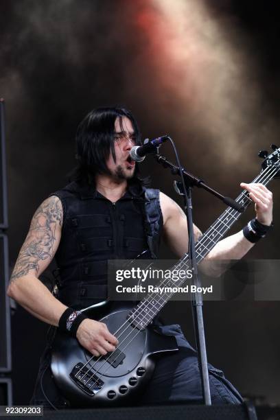 Guitar player Jason James of Bullet For My Valentine performs at the First Midwest Bank Amphitheatre in Tinley Park, Illinois on JULY 26, 2009.