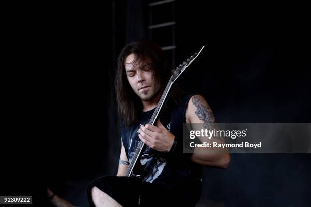 Guitar player Michael "Padge" Paget of Bullet For My Valentine performs at the First Midwest Bank Amphitheatre in Tinley Park, Illinois on JULY 26,...