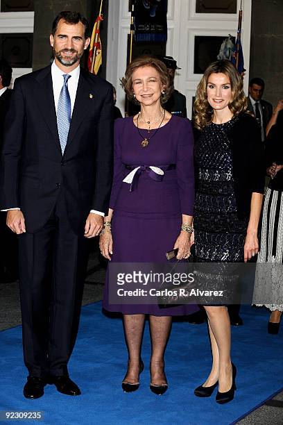 Prince Felipe of Spain, Queen Sofia of Spain and Princess Letizia of Spain attend Prince of Asturias Awards 2009 ceremony at "Campoamor" Theatre on...