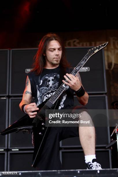 Guitar player Michael "Padge" Paget of Bullet For My Valentine performs at the First Midwest Bank Amphitheatre in Tinley Park, Illinois on JULY 26,...