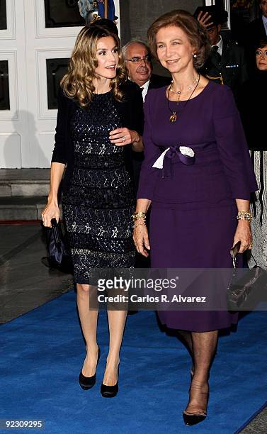 Queen Sofia of Spain and Princess Letizia of Spain attend Prince of Asturias Awards 2009 ceremony at "Campoamor" Theatre on October 23, 2009 in...