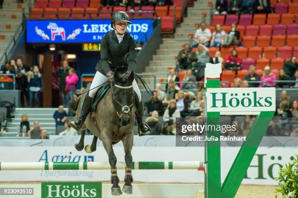 Swedish equestrian Emilia Matzke on Queen's Sweet Violet rides in the semifinal competition of the Young Riders Cup during the Gothenburg Horse Show...