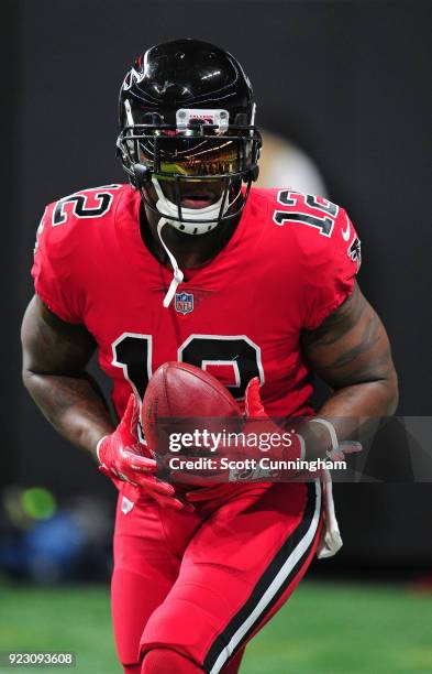 Mohamed Sanu of the Atlanta Falcons warms up before the game the New Orleans Saints at Mercedes-Benz Stadium on December 7, 2017 in Atlanta, Georgia.