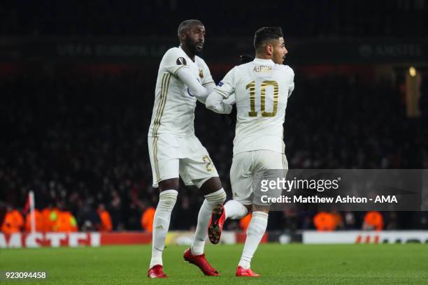 Hosam Aiesh of Ostersunds FK celebrates after Calum Chambers of Arsenal scores and own goal to make it 0-1 during UEFA Europa League Round of 32...