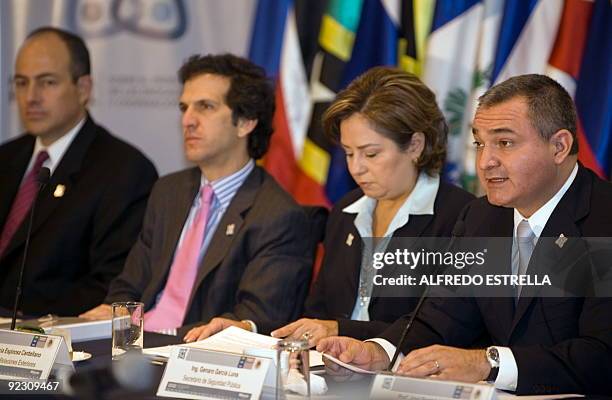 Genaro Garcia Luna , Secretary of the Mexican Federal Police talks, accompained by Mexican Foreign Minister, Patricia Espinosa , Colombian Foreign...