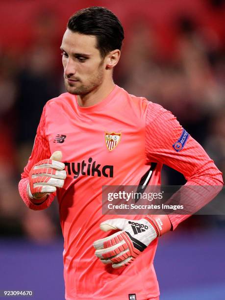 Sergio Rico of Sevilla FC during the UEFA Champions League match between Sevilla v Manchester United at the Estadio Ramon Sanchez Pizjuan on February...