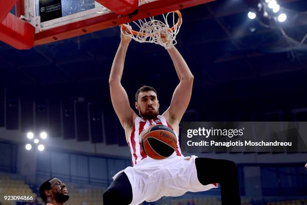 Nikola Milutinov, #11 of Olympiacos Piraeus in action during the 2017/2018 Turkish Airlines EuroLeague Regular Season Round 23 game between...
