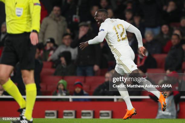 Ken Sema of Ostersunds FK celebrates after scoring a goal to make it 0-2 during UEFA Europa League Round of 32 match between Arsenal and Ostersunds...