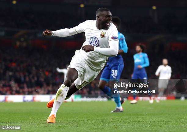 Ken Sema of Ostersunds FK celebrates scoring the second Ostersunds goal during UEFA Europa League Round of 32 match between Arsenal and Ostersunds FK...