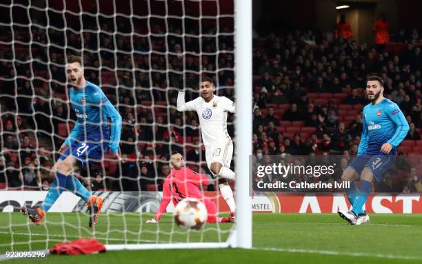 Hosam Aiesh of Ostersunds FK scores the first Ostersunds goal during UEFA Europa League Round of 32 match between Arsenal and Ostersunds FK at the...