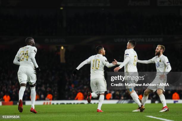 Hosam Aiesh of Ostersunds FK celebrates after Calum Chambers of Arsenal scores and own goal to make it 0-1 during UEFA Europa League Round of 32...