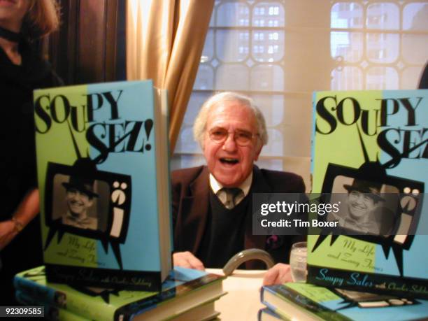 Portrait of American comedian Soupy Sales at a book signing for his autobiography 'Soupy Sez!' at the Friars Club, New York, New York, 2001.