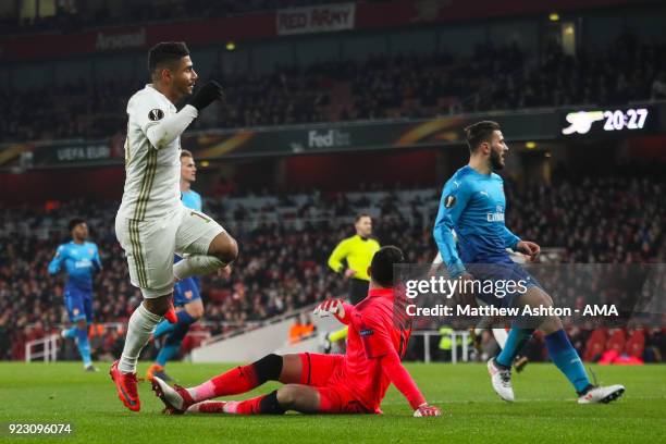 Hosam Aiesh of Ostersunds FK celebrates after Calum Chambers of Arsenal scores and own goal to make it 0-1 during UEFA Europa League Round of 32...