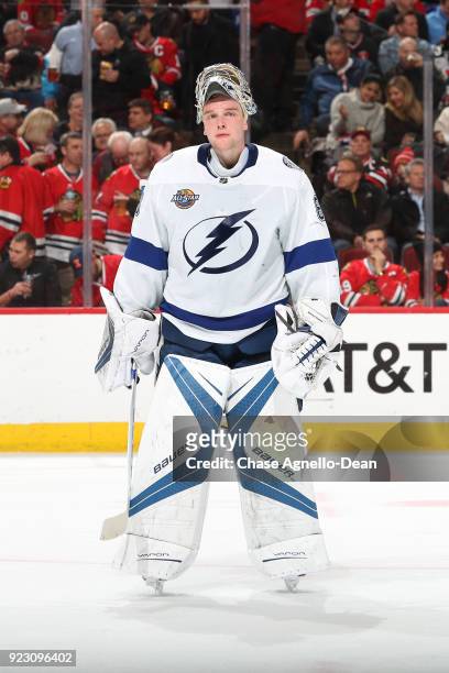 Goalie Andrei Vasilevskiy of the Tampa Bay Lightning stands on the ice in the second period against the Chicago Blackhawks at the United Center on...