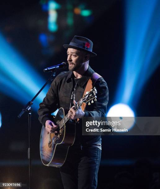 Justin Timberlake performs at The BRIT Awards 2018 held at The O2 Arena on February 21, 2018 in London, England.