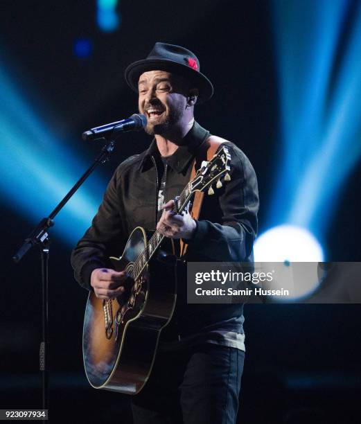 Justin Timberlake performs at The BRIT Awards 2018 held at The O2 Arena on February 21, 2018 in London, England.