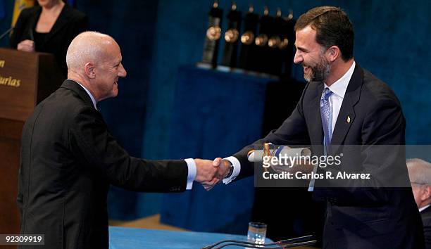 British architect Norman Foster receives the Prince of Asturias Award Laureate for Social Sciences from Prince Felipe of Spain during Prince of...