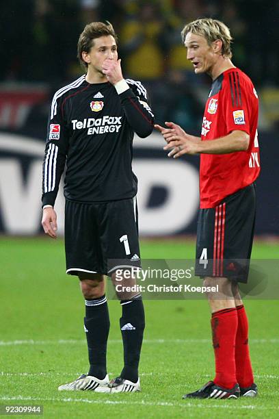 Rene Adler of Leverkusen and Sami Hyypiae of Leverkusen look dejected after the 1-1 draw of the Bundesliga match between Bayer Leverkusen and...