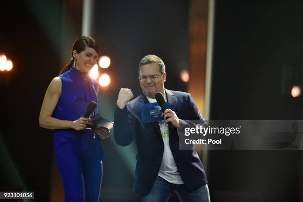 Linda Zervakis und Elton host the national selection final during the 'Eurovision Song Contest 2018 - Unser Lied fuer Lissabon' show on February 22,...