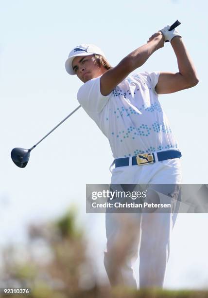 Rickie Fowler hits a tee shot on the 17th hole during the second round of the Frys.com Open at Grayhawk Golf Club on October 23, 2009 in Scottsdale,...