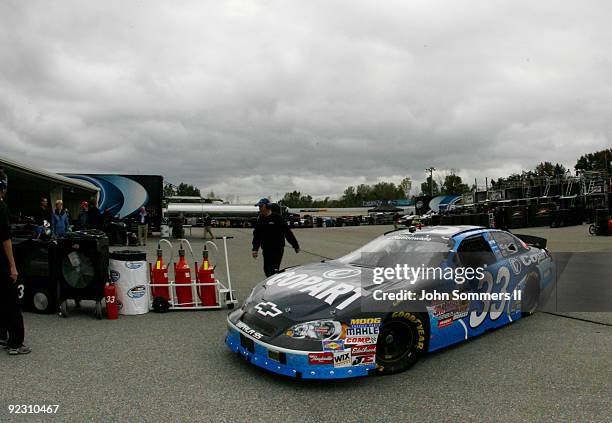 Kelly Bires, driver of the Copart Chevrolet pulls in the garage during the practice session for the Kroger 'On Track For Cure' 250 race at the...