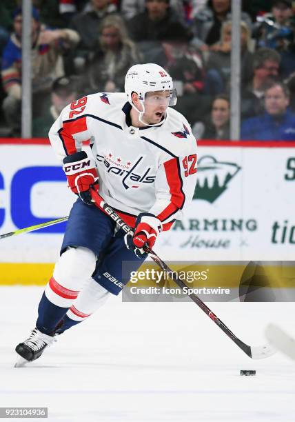 Washington Capitals Center Evgeny Kuznetsov skates with the puck during a NHL game between the Minnesota Wild and Washington Capitals on February 15,...