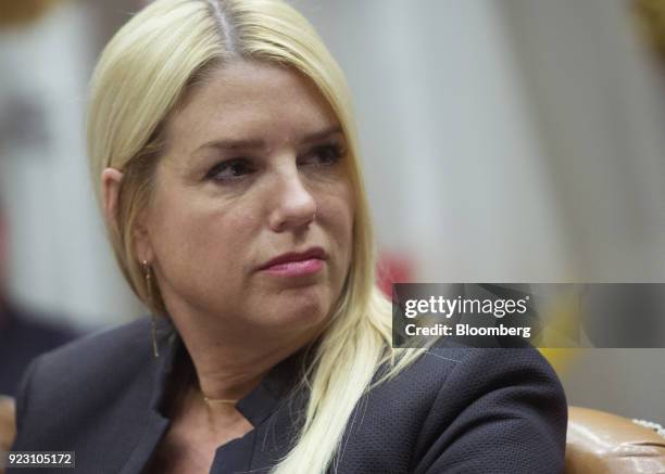 Pam Bondi, Florida attorney general, listens during a meeting with U.S. President Donald Trump, not pictured, and local and state officials on school...