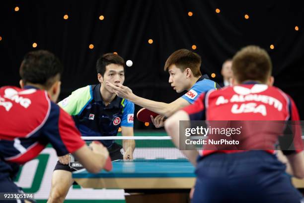 Ho Kwan Kit and NG Pak Nam face the USA team on the first day of ITTF Team Table Tennis World Cup on February 22, 2018 in Olympic Park in London. 12...