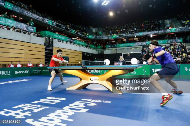 Fan Zhendong, from China faces Cassin Alexandre from France on the first day of ITTF Team Table Tennis World Cup on February 22, 2018 in Olympic Park...