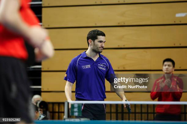 Emmanuel Lebesson unhappy about his performance with China on the first day of ITTF Team Table Tennis World Cup on February 22, 2018 in Olympic Park...