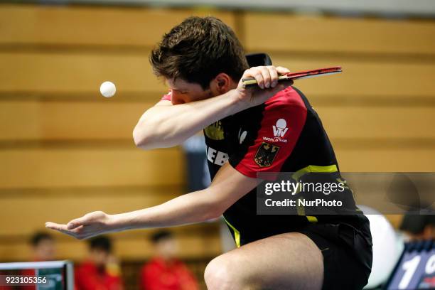 Dimitrij Ovtcharov from Germany on the first day of ITTF Team Table Tennis World Cup on February 22, 2018 in Olympic Park in London. 12 teams compete...