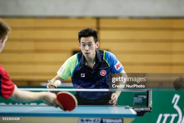 Chun Ting Wong on the first day of ITTF Team Table Tennis World Cup on February 22, 2018 in Olympic Park in London. 12 teams compete in the...