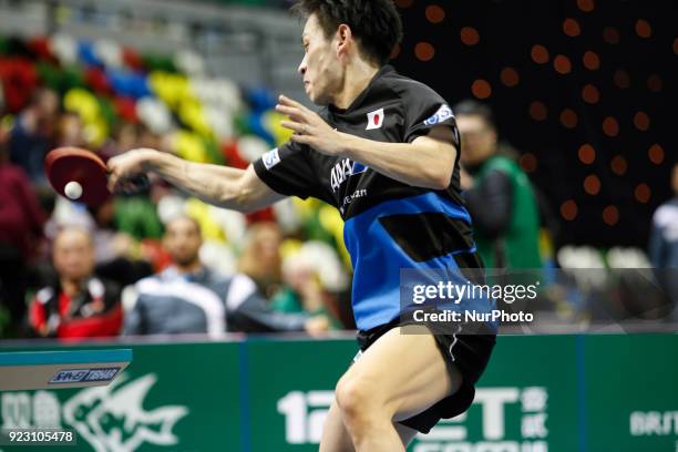 Tomokazu Harimoto age 14 from Japan on the first day of ITTF Team Table Tennis World Cup on February 22, 2018 in Olympic Park in London. 12 teams...