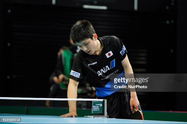 Tomokazu Harimoto age 14 from Japan on the first day of ITTF Team Table Tennis World Cup on February 22, 2018 in Olympic Park in London. 12 teams...