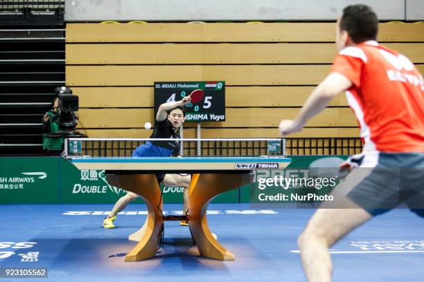 Yuya Oshima from Japan facing Mohamed el Beiali on the first day of ITTF Team Table Tennis World Cup on February 22, 2018 in Olympic Park in London....