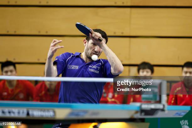 China faces France on the first day of ITTF Team Table Tennis World Cup on February 22, 2018 in Olympic Park in London. 12 teams compete in the...