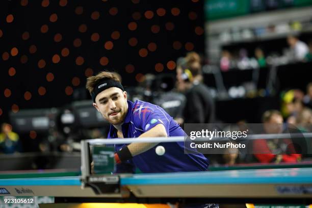 China faces France on the first day of ITTF Team Table Tennis World Cup on February 22, 2018 in Olympic Park in London. 12 teams compete in the...