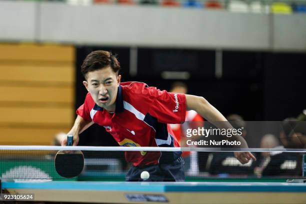 Faces Honk Kong on the first day of ITTF Team Table Tennis World Cup on February 22, 2018 in Olympic Park in London. 12 teams compete in the...