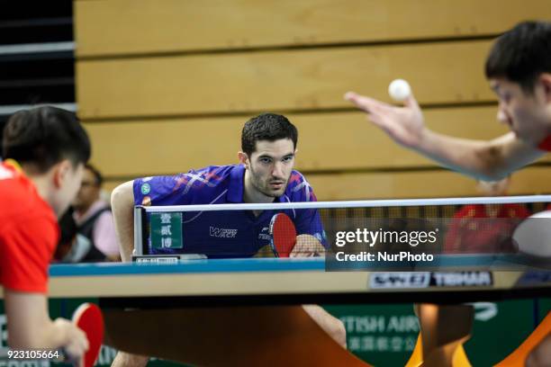 Xin XU and Long MA from China face Alexandre Cassin and Emmanuel Lebesson from France on the first day of ITTF Team Table Tennis World Cup on...