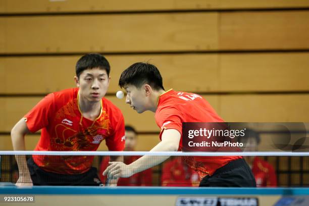 Xin XU and Long MA from China face Alexandre Cassin and Emmanuel Lebesson from France on the first day of ITTF Team Table Tennis World Cup on...