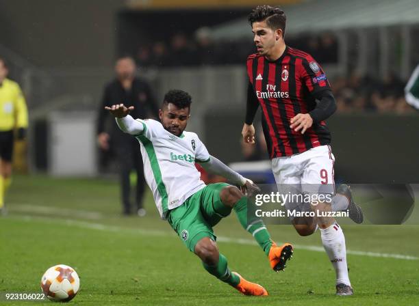 Cicinho of Ludogorets Razgrad competes for the ball with Andre Silva of AC Milan during UEFA Europa League Round of 32 match between AC Milan and...