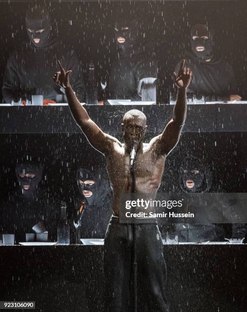 Stormzy performs at The BRIT Awards 2018 held at The O2 Arena on February 21, 2018 in London, England.