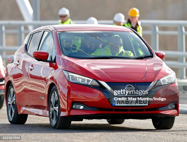 Prince William, Duke of Cambridge and Catherine, Duchess of Cambridge are driven in a Nissan Leaf electric car as they visit the Northern Spire, a...