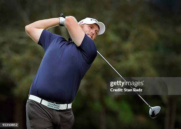 Adam Bland hits a drive during the second round of the Nationwide Tour Championship at Daniel Island Club on October 23, 2009 in Daniel Island, South...