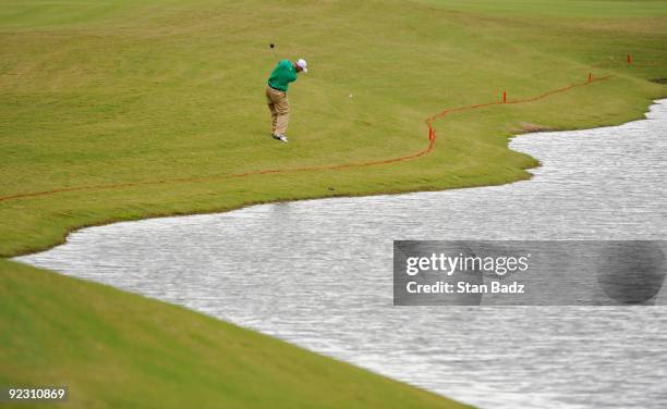 Patrick Sheehan hits to the 18th green during the second round of the Nationwide Tour Championship at Daniel Island Club on October 23, 2009 in...