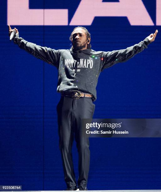 Kendrick Lamar performs at The BRIT Awards 2018 held at The O2 Arena on February 21, 2018 in London, England.