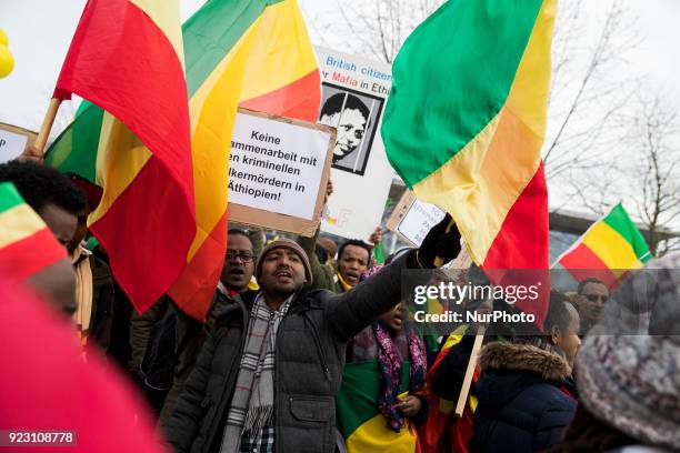 Ethiopian expats protest against their government in front of the Chancellery in Berlin, Germany on February 22, 2018. The protesters demonstrate...